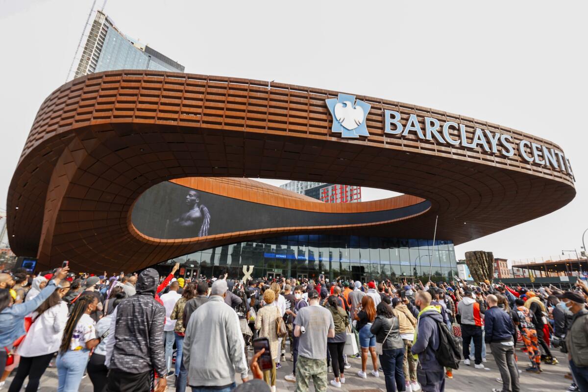A crowd stands outside Barclays Center.