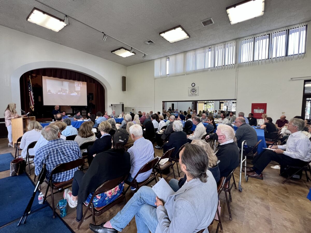 The La Jolla Recreation Center is packed with people attending the La Jolla Town Council meeting on potential cityhood.