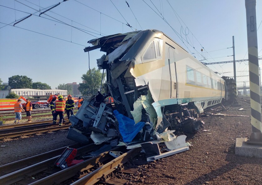 This image made available by the Czech Rail Safety Inspection Office shows the bullet train after a collision, in Bohumin, Czech Republic, Monday June 27, 2022. A bullet train has collided with an engine in a train station in north-eastern Czech Republic, killing one and injuring five people. The Czech Railways say the accident took place early in the morning on Monday in the town of Bohumin, shortly after the departure of the Pendolino train for Prague. (Czech Rail Safety Inspection Office via AP)