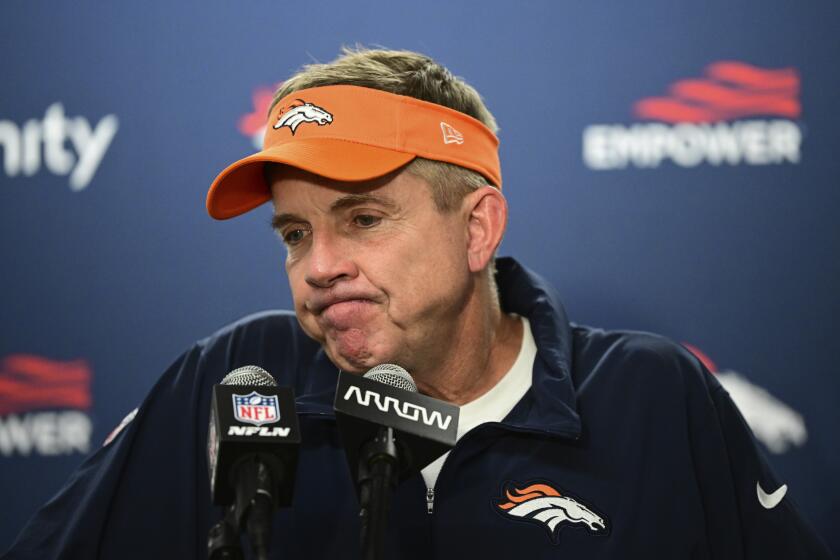 FILE - Denver Broncos head coach Sean Payton addresses the media after an NFL football game against the Detroit Lions, Saturday, Dec. 16, 2023, in Detroit. According to the Spotrac website, NFL teams handed out more than $3.3 billion in contracts last offseason with nearly half of that money fully guaranteed at signing. The six biggest spenders last offseason all missed the postseason led by Denver committing more than $250 million in contracts only to miss the playoffs for the eighth straight season after going 8-9 in coach Sean Payton's first season. (AP Photo/David Dermer, File)