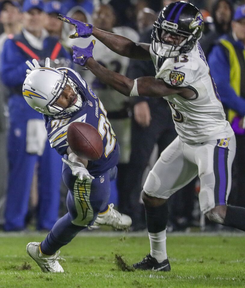 Chargers cornerback Casey Hayward Jr. just misses a pass intended for Ravens receiver John Brown during second half action at StubHub Center