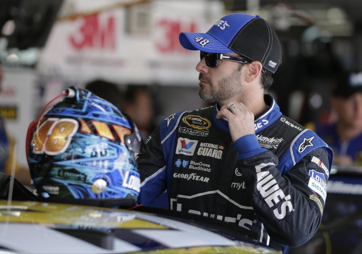Jimmie Johnson prepares for practice ahead of the NASCAR Sprint Cup Series Bank of America 500 race at Concord, N.C.