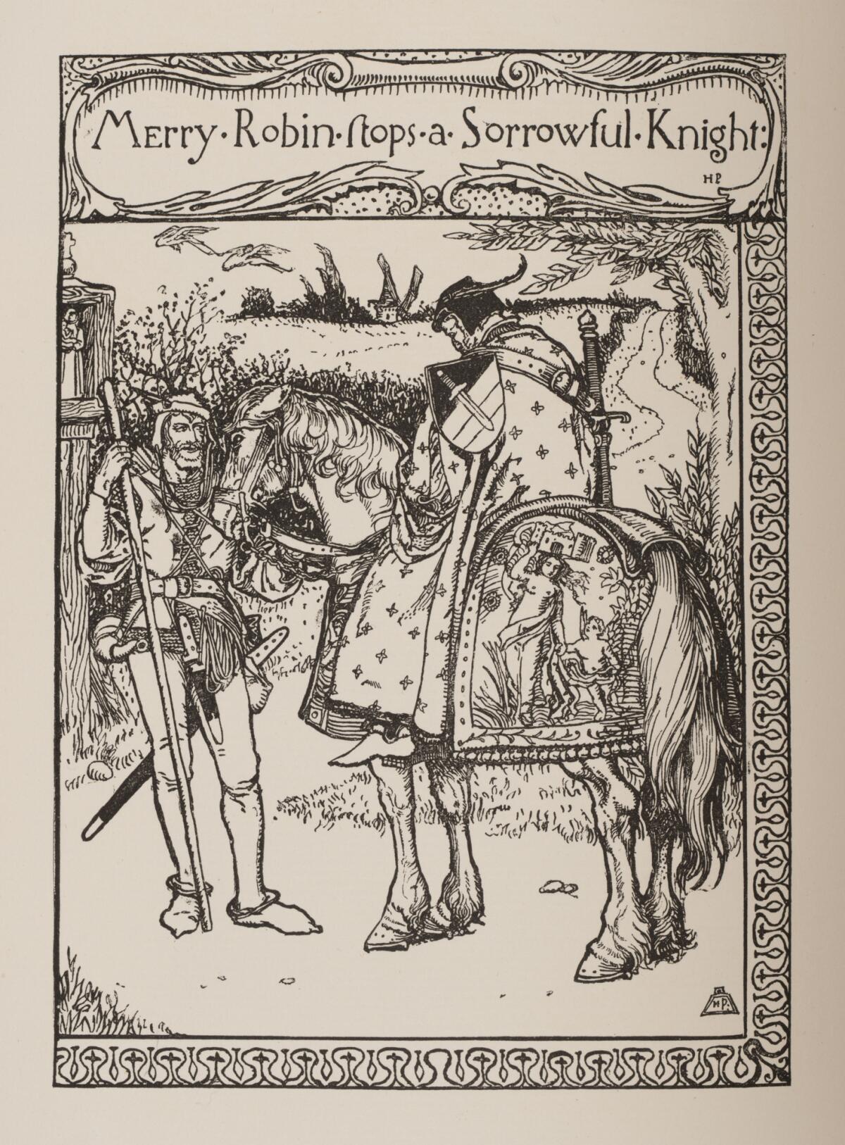 An illustration of a robed knight on horseback.