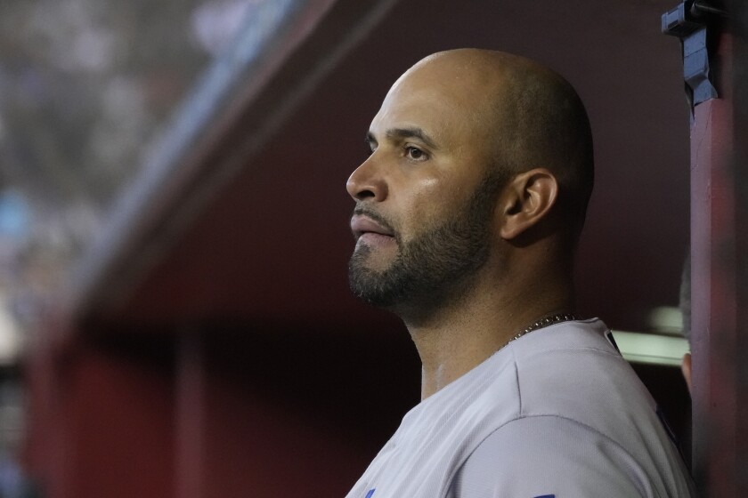 The Dodgers' Albert Pujols looks on against the Arizona Diamondbacks on Aug 1, 2021, in Phoenix.