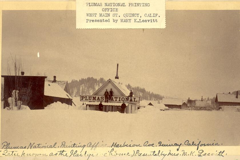 The printing office for the Plumas National, which preceded Feather Publishing, in Quincy, Calif., pictured during a snowy winter in the late 1800s.