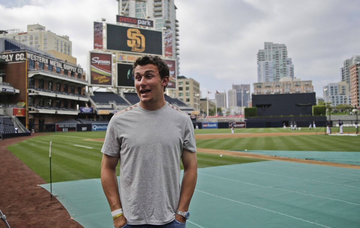 Johnny Manziel attends a baseball game in San Diego.