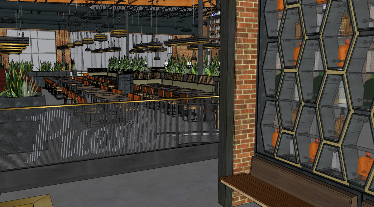 An artist's rendering of Puesto Mission Valley + Cervecería, which will open in early 2020 in the former Gordon Biersch restaurant and brewery.