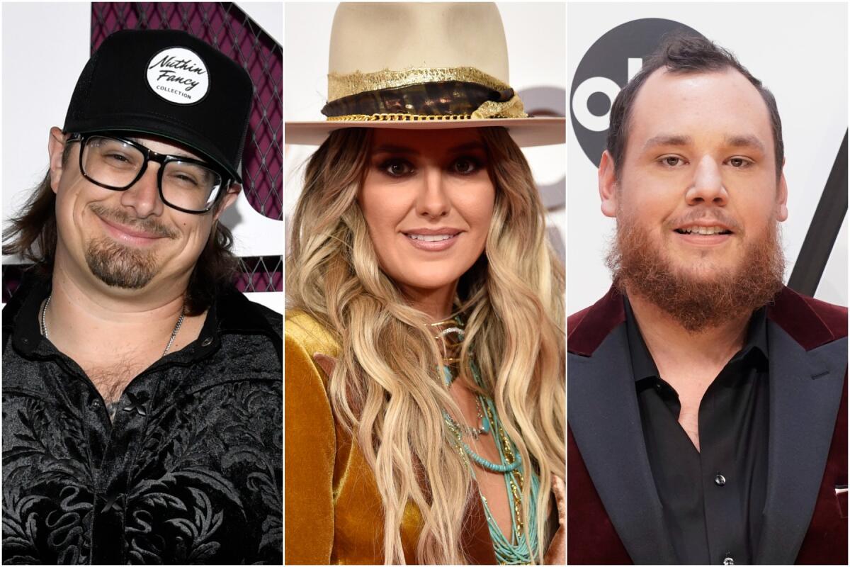 A split image of Hardy smiling in glasses and a hat, Lainey Wilson smiling in a cowboy hat and Luke Combs smiling in a suit