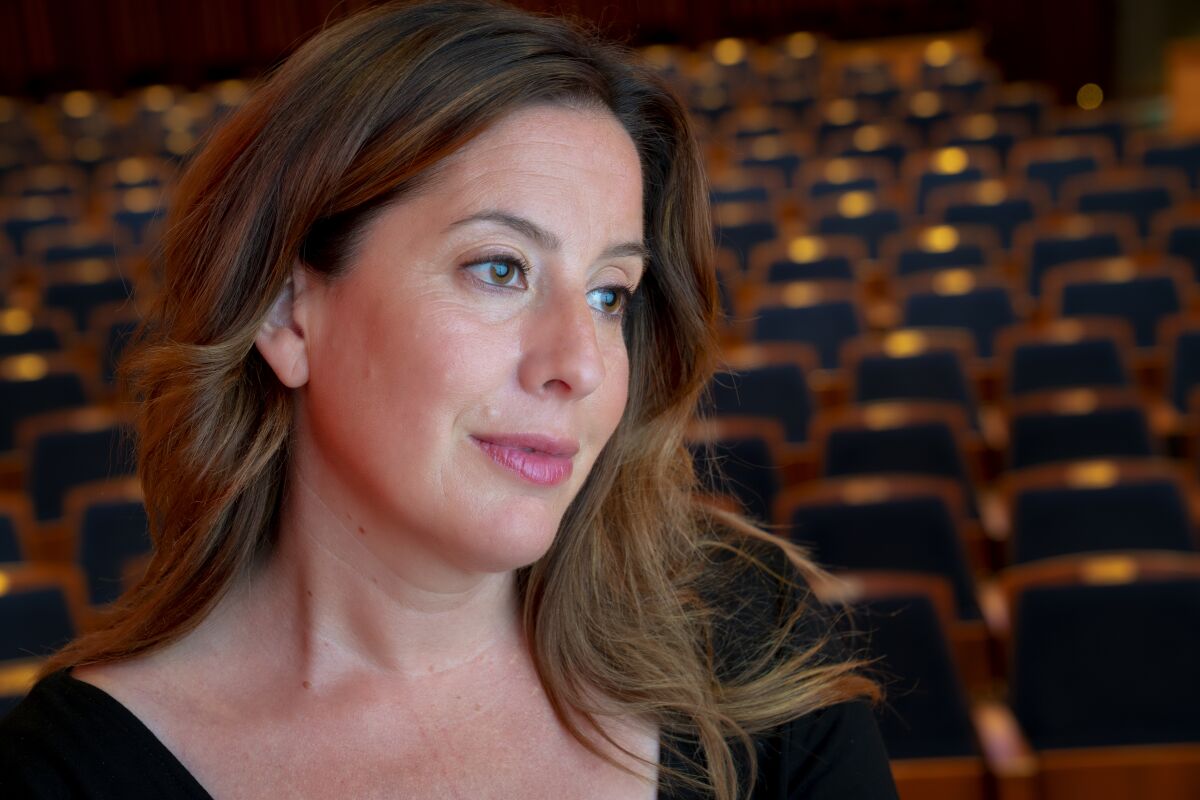 Leah Rosenthal, artistic director of the La Jolla Music Society on stage at the Baker-Baum Concert Hall. 