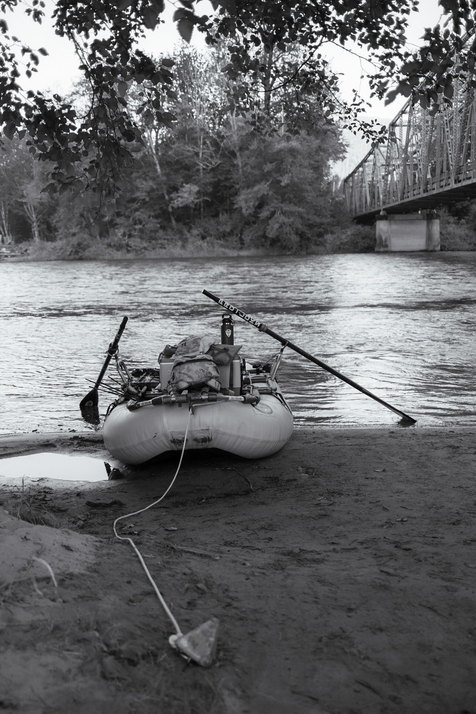 A paddleboat parked on the shore of a river.