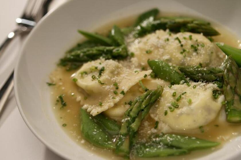 Recipe: Spring vegetables in Parmesan broth with goat cheese ravioli