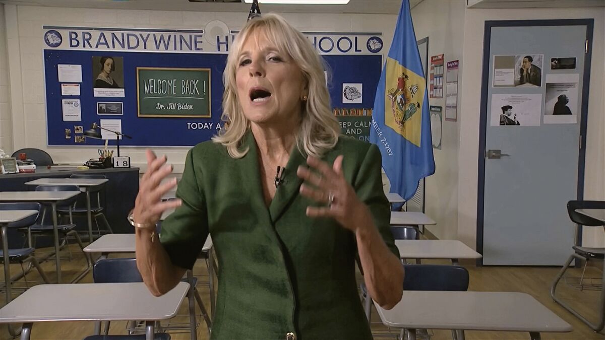 Jill Biden speaks in a classroom in Brandywine High School in Wilmington, Del., where she once taught English.