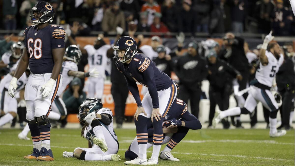Chicago Bears kicker Cody Parkey (1) reacts after missing a field-goal attempt in the final seconds against the Philadelphia Eagles.