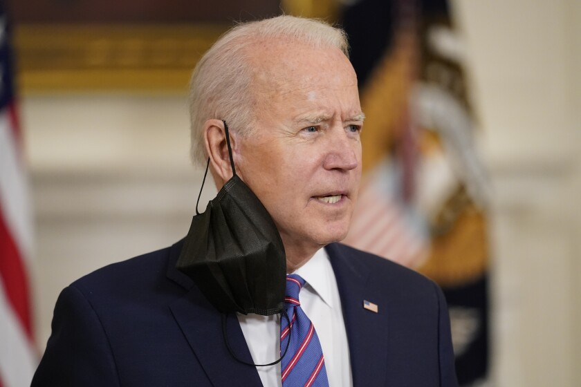 President Joe Biden responds to a question after speaking about the March jobs report in the State Dining Room of the White House, Friday, April 2, 2021, in Washington. (AP Photo/Andrew Harnik)