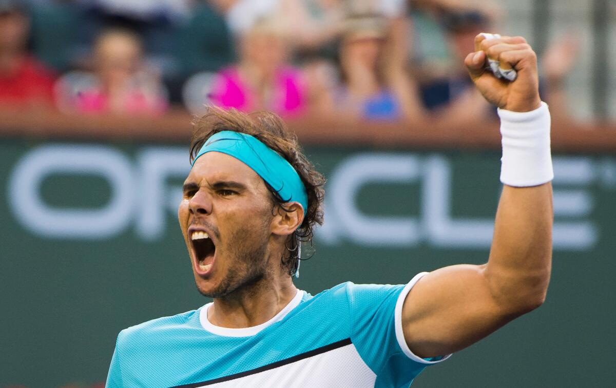 Rafael Nadal of Spain reacts after defeating Alexander Zverev of Germany, 6-7 (8), 6-0, 7-5, in a fourth-round match of the BNP Paribas Open on March 16.