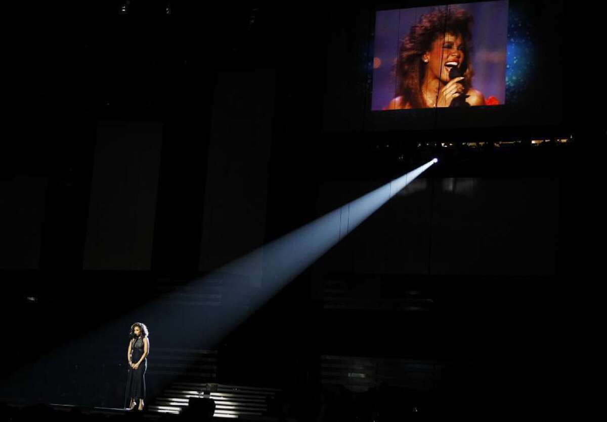 Jennifer Hudson performs a Whitney Houston tribute at the 54th Annual Grammy Awards at the Staples Center in Los Angeles on February 12, 2012.