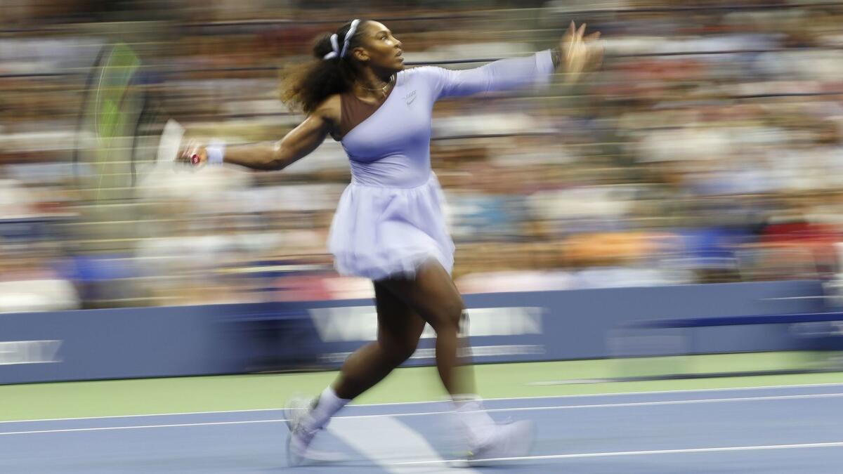 Serena Williams hits a return to Anastasija Sevastova during their U.S. Open semifinal match in New York on Sept. 6.