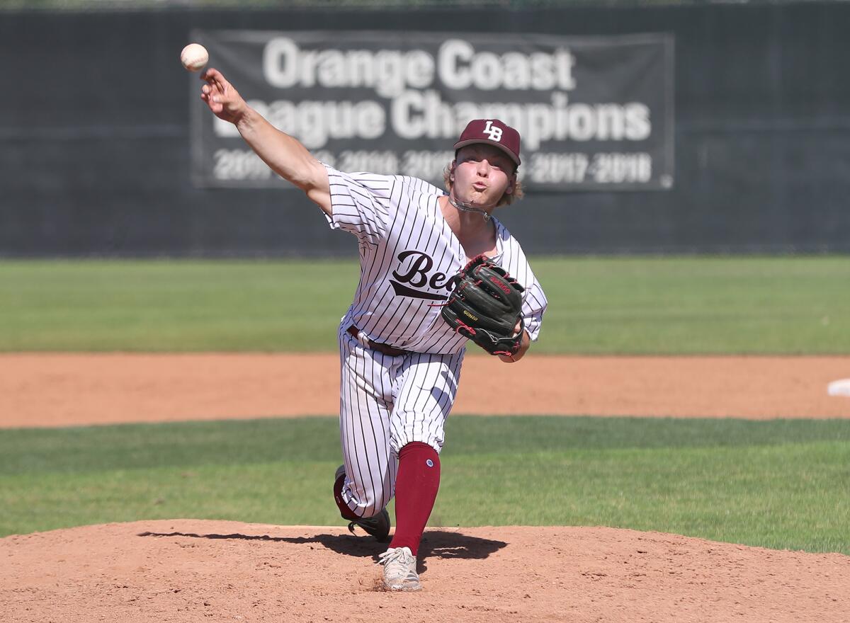Laguna Beach starting pitcher Thomas Gonzales (22) throws in the first inning against Norco on Tuesday.