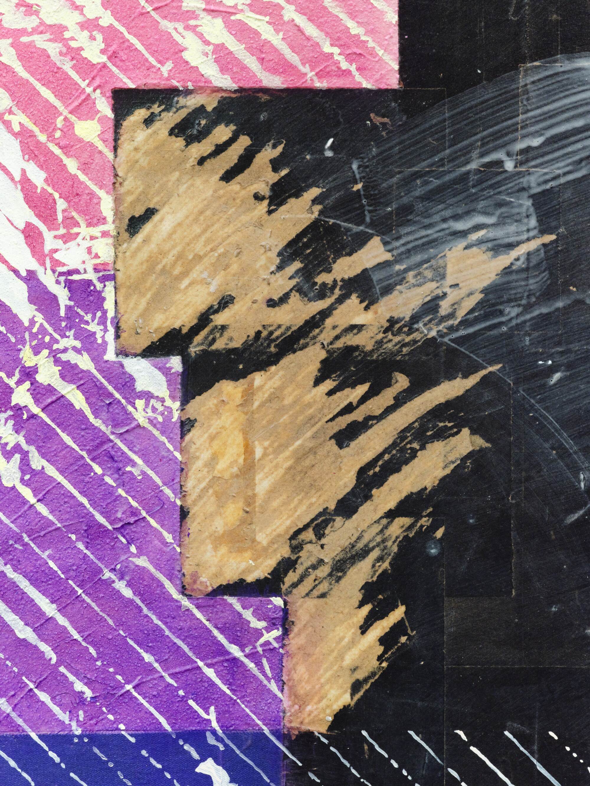A detail of a painting with black squares and pink and purple stripes.