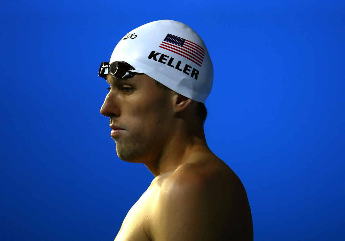 A closeup of Klete Keller in swim cap and goggles.