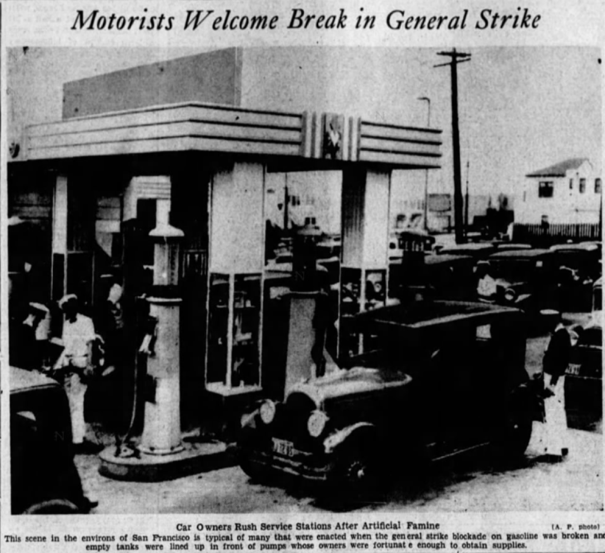 A newspaper clipping shows 1930s-era cars lined up at gas pumps with workers in white pumping gas.