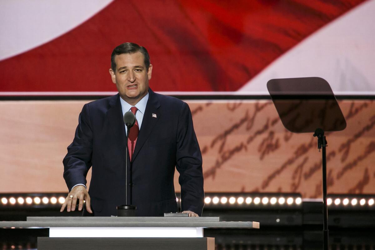 Sen. Ted Cruz addresses the Republican National Convention on Wednesday in Cleveland.