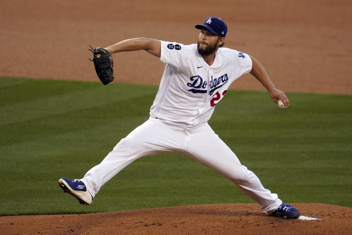 Los Angeles Dodgers starting pitcher Clayton Kershaw throws to an Arizona Diamondbacks.