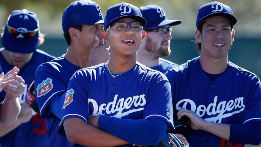Dodgers starting pitcher Julio Urias participates in a spring training workout at Camelback Ranch on Feb. 20 in Glendale, Ariz.