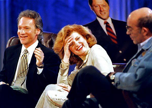 Arianna Huffington with Bill Maher, left, and Hunter S. Thompson on Maher's TV show in 1995.