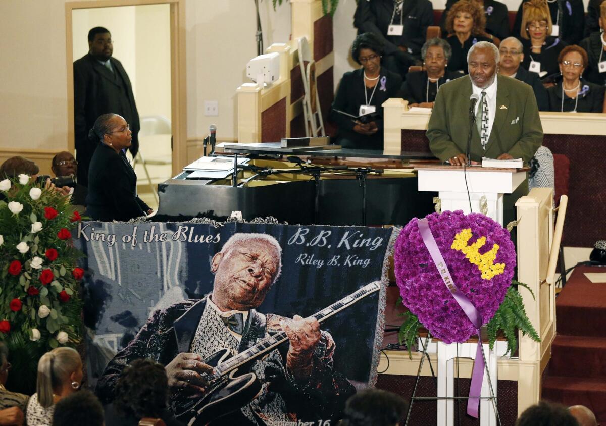 Carver Randle, a longtime friend and attorney addresses mourners during the funeral service for blues legend B.B. King at Bell Grove M.B. Church in Indianola, Miss., on Saturday.