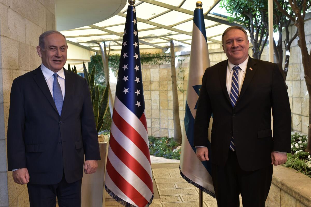 Israeli Prime Minister Benjamin Netanyahu, left, meets with Secretary of State Michael R. Pompeo on Wednesday in Jerusalem.