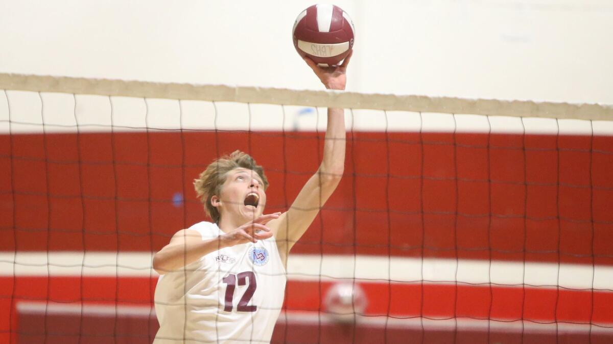 Geste Bianchi of Laguna Beach High boys' volleyball, shown competing against Edison on March 15, had 18 kills in a win over Palos Verdes at the Redondo tournament on Saturday.