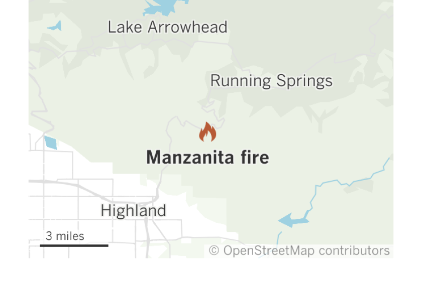 A map showing the location of the Manzanita fire in the San Bernardino Mountains southwest of Running Springs