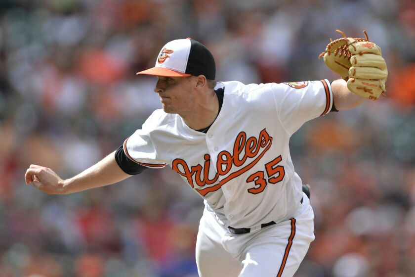 Jul 10, 2016; Baltimore, MD, USA; Baltimore Orioles relief pitcher Brad Brach (35) pitches during the eighth inning against the Los Angeles Angels at Oriole Park at Camden Yards. Baltimore Orioles defeated Los Angeles Angels 4-2. Mandatory Credit: Tommy Gilligan-USA TODAY Sports ** Usable by SD ONLY **