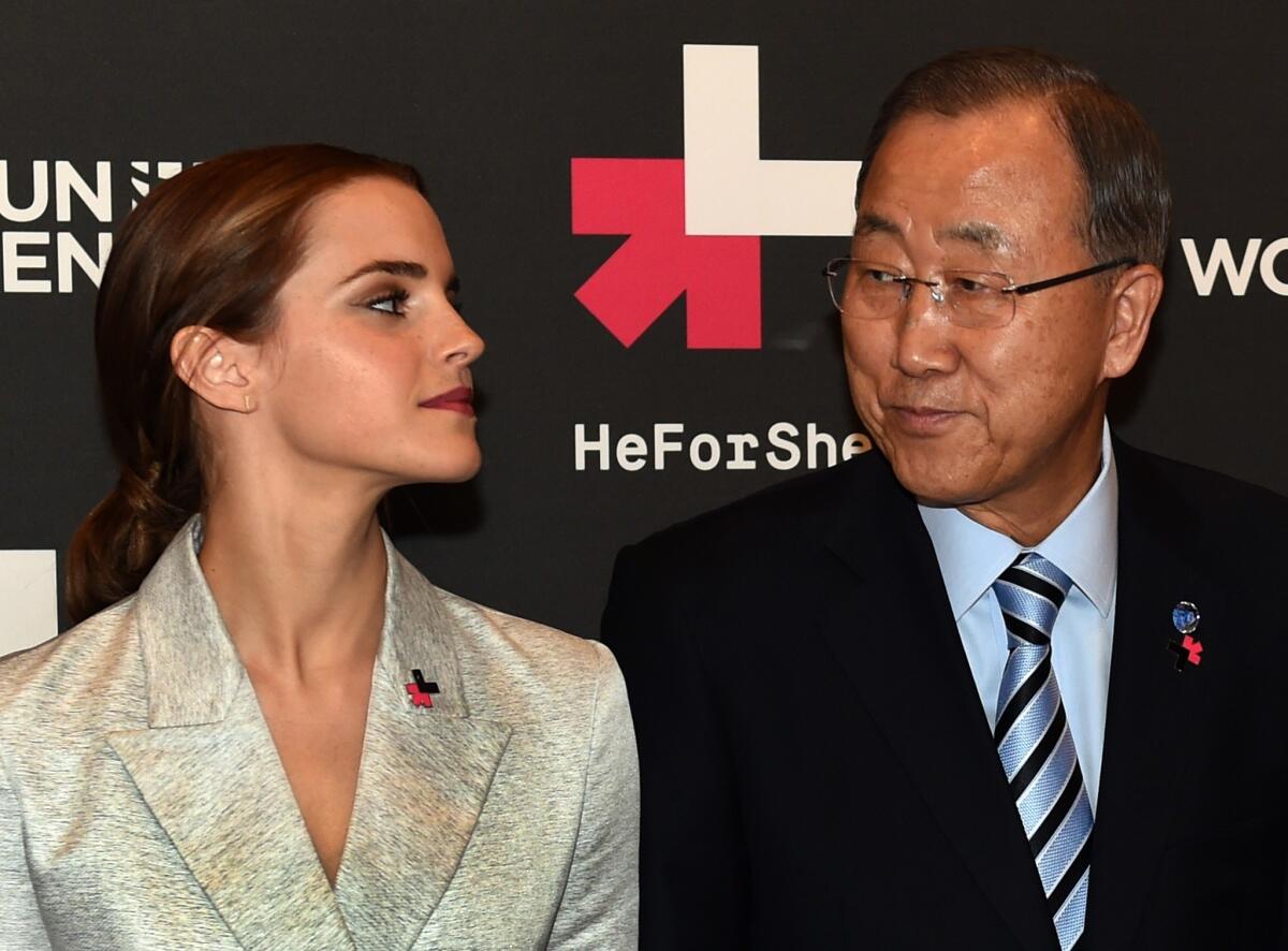 Emma Watson and United Nations Secretary General Ban Ki-moon at the U.N.'s launch of the HeForShe Campaign on Saturday.