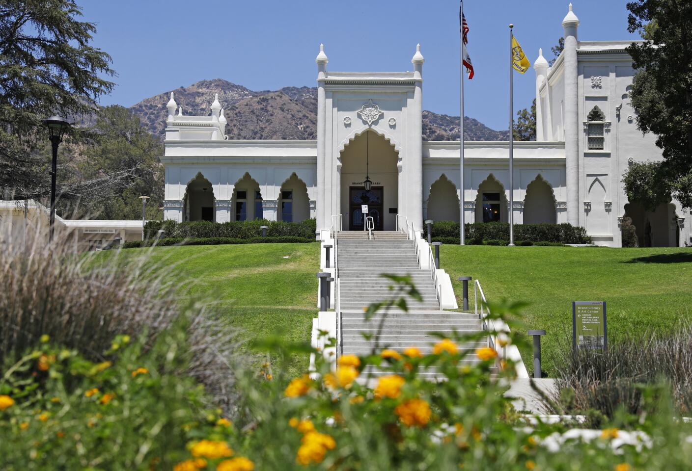 A walk through Brand Park in Glendale continues past the Brand Library, whose architecture matches the Miradero gate.