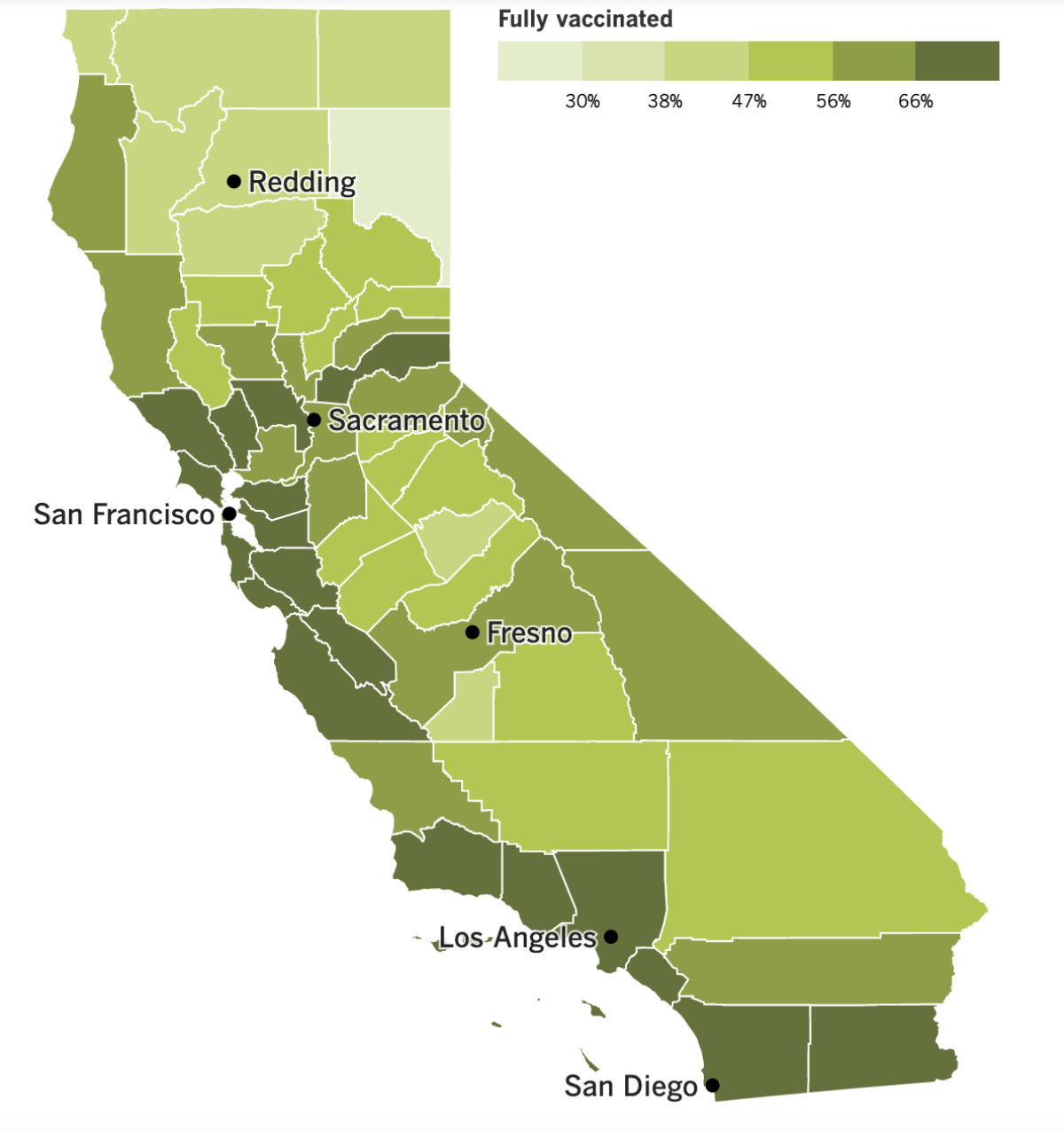 A map of California's COVID-19 vaccination progress by county, as of Jan. 14.