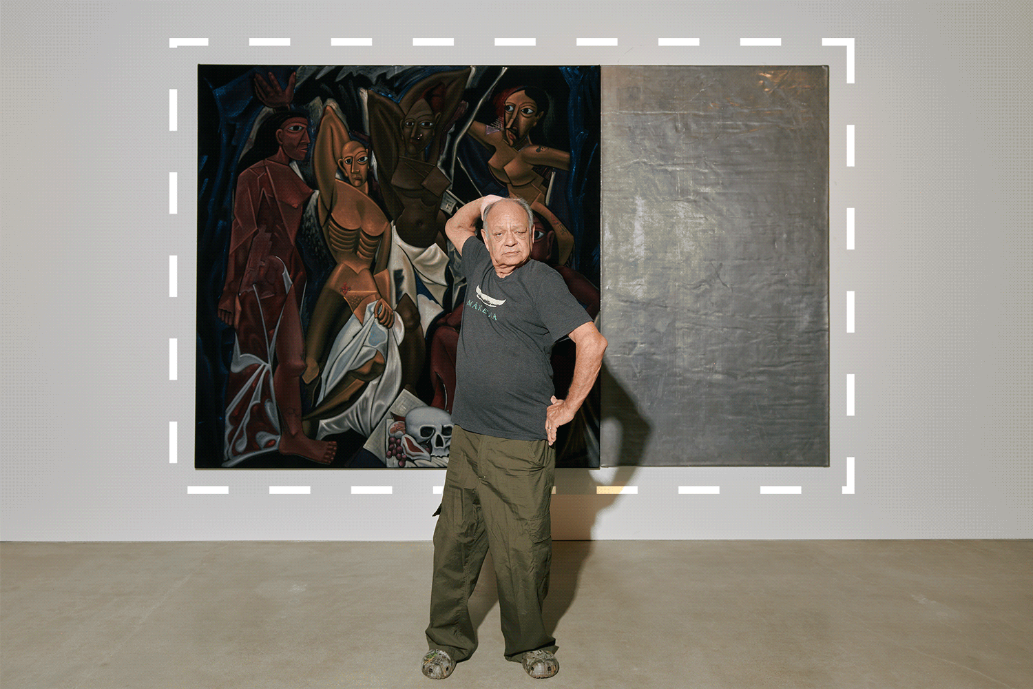 A GIF shows a moving dotted line around a work of art. In front, a man poses with one hand on his hip.