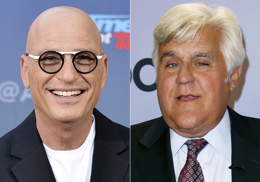 Howie Mandel attends "America's Got Talent" season 15 red carpet in Pasadena, Calif., on March 4, 2020, left, and Jay Leno appears at the "The Carol Burnett 50th Anniversary Special" in Los Angeles on Oct. 4, 2017. Mandel interviewed Leno for his podcast “Howie Mandel Does Stuff" and discussed the “The Tonight Show” host rivalries with David Letterman and Conan O'Brien. (AP Photo)