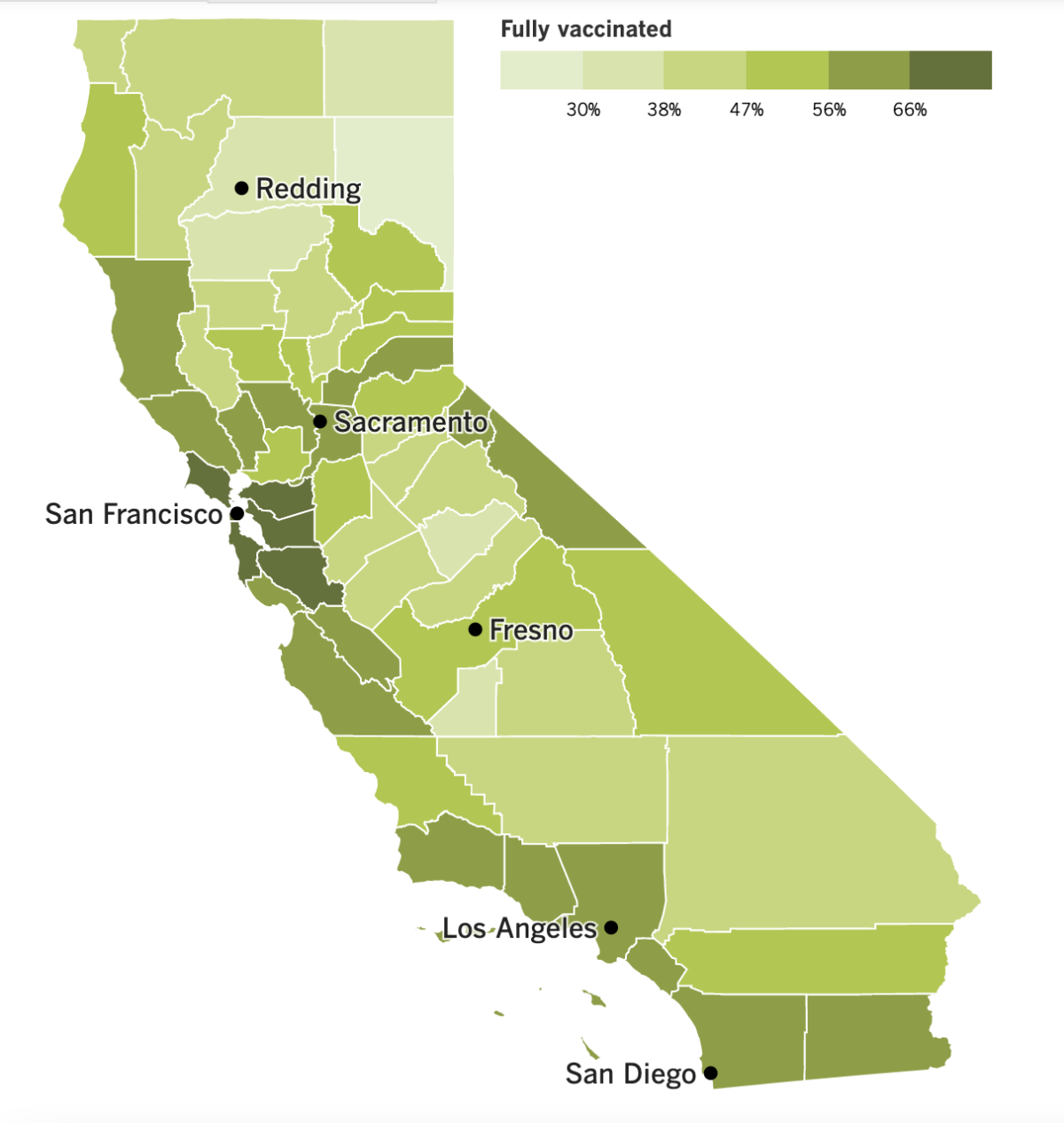 This map shows California's vaccination progress by county.