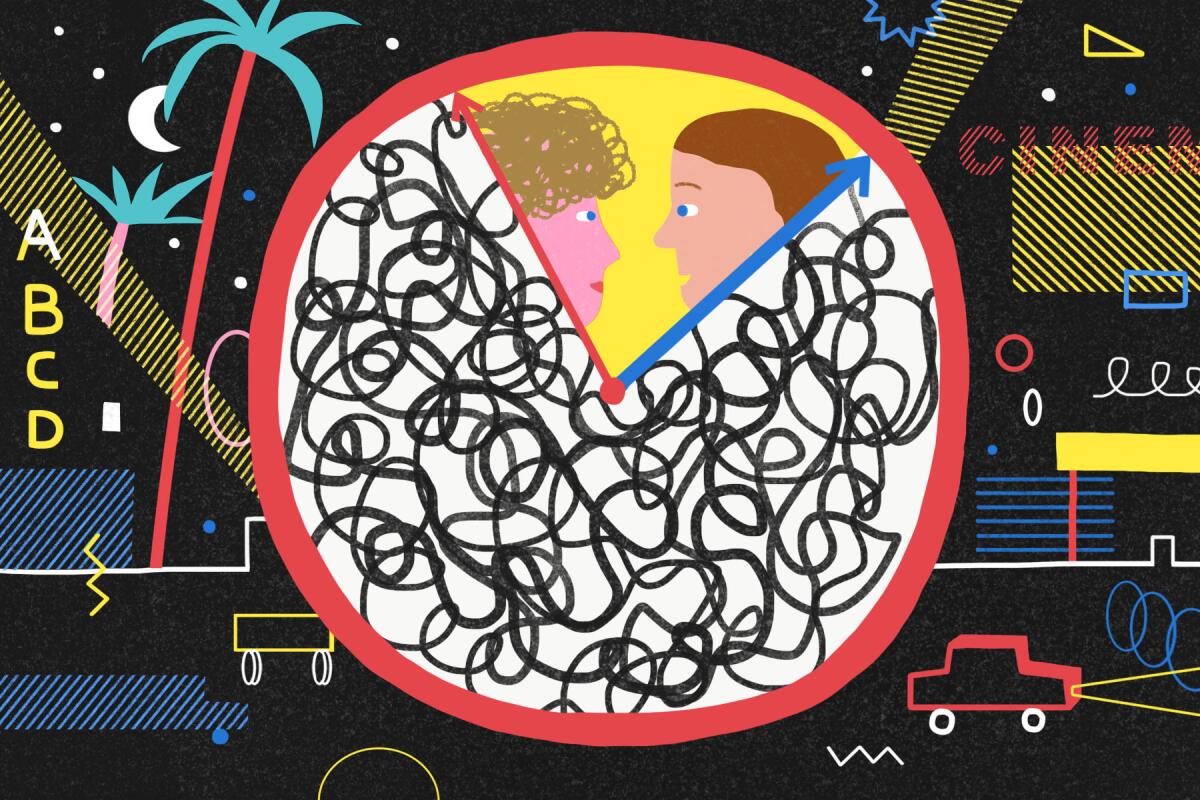 An illustration of two people in a clock whose face is covered with squiggles, with a busy street in the background.