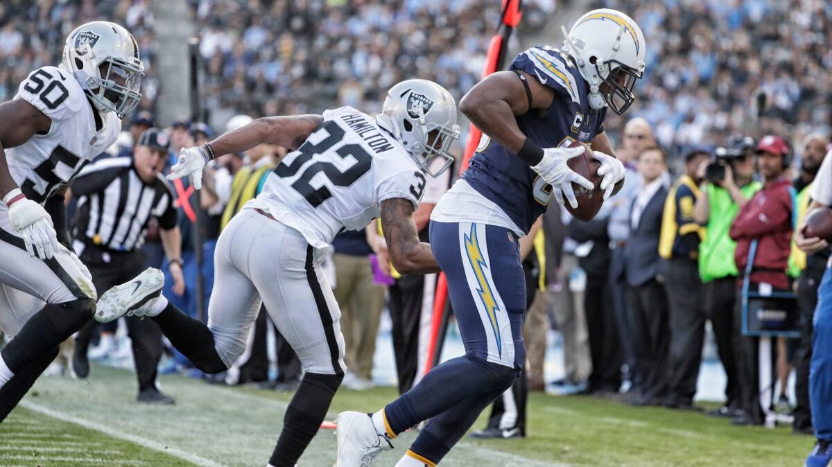 Chargers tight end Antonio Gates makes a clutch 20-yard catch while tip-toeing the sideline against the Raiders at StubHub Center.