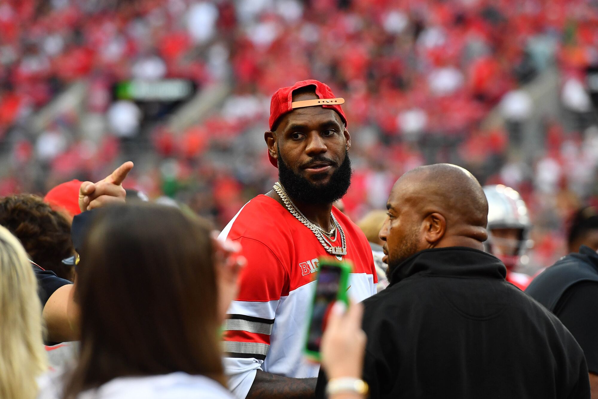 LeBron James attends a game between Notre Dame and Ohio State in Columbus, Ohio, on Sept. 3.