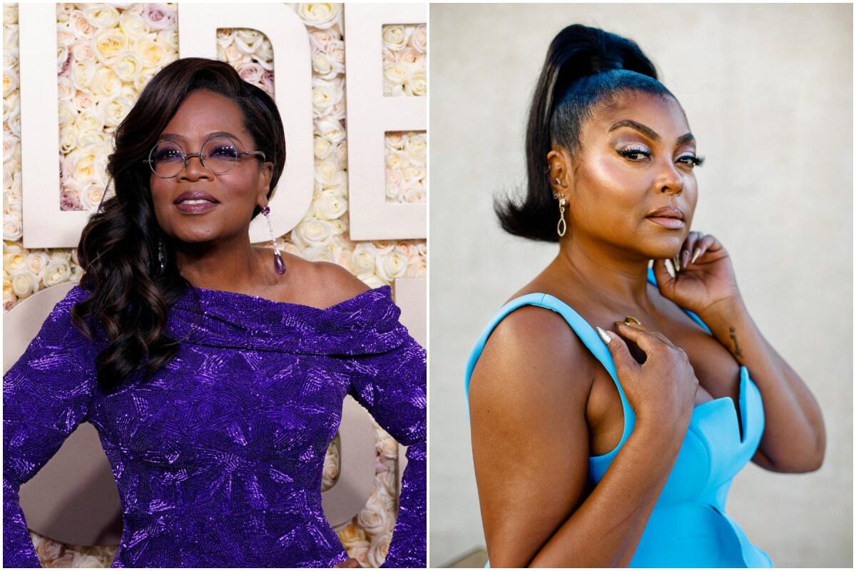 Separate photos of Oprah Winfrey, left, in a sparkling purple dress and Taraji P. Henson in a light blue dress