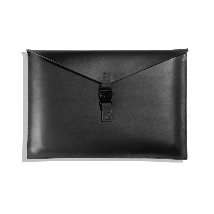 A black leather laptop envelope