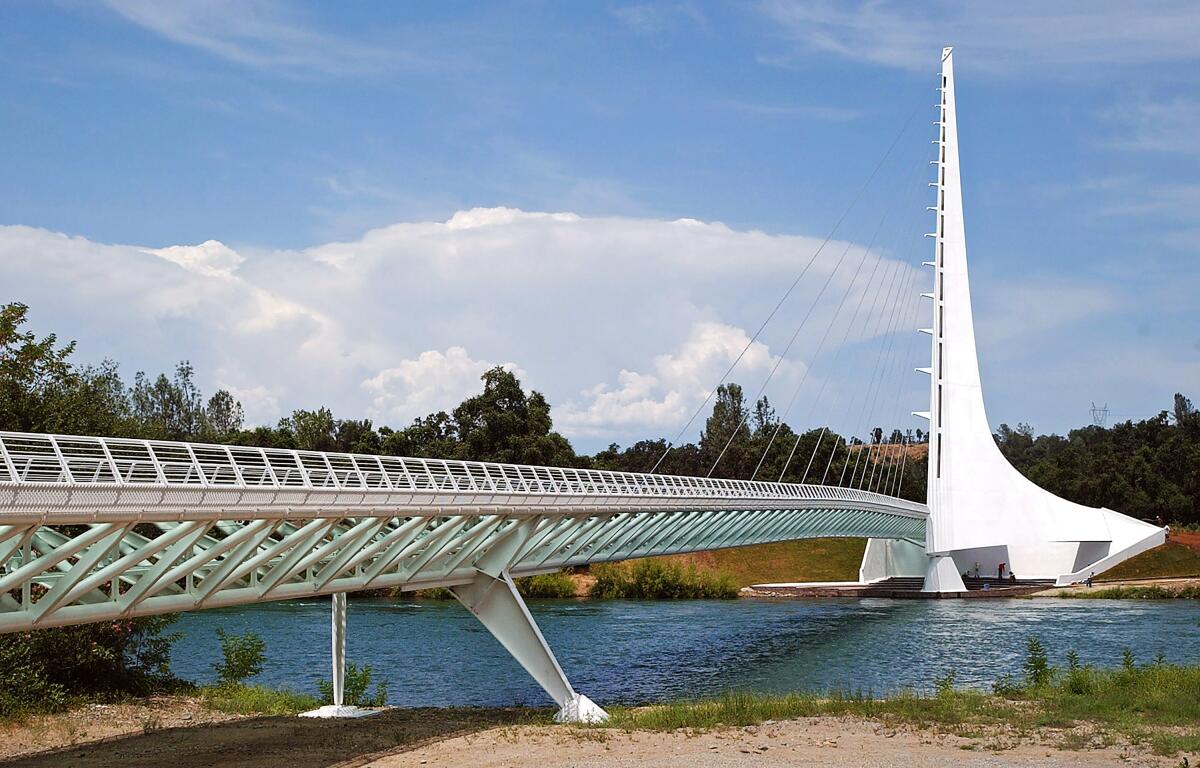 The Sun Dial Bridge is seen from the Sacramento River in Redding, Calif.