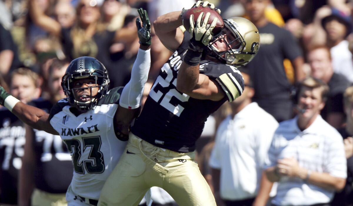 Colorado wide receiver Nelson Spruce, catching a pass against Hawaii earlier this season, leads the nation with 62 receptions, 10 of which went for touchdowns.