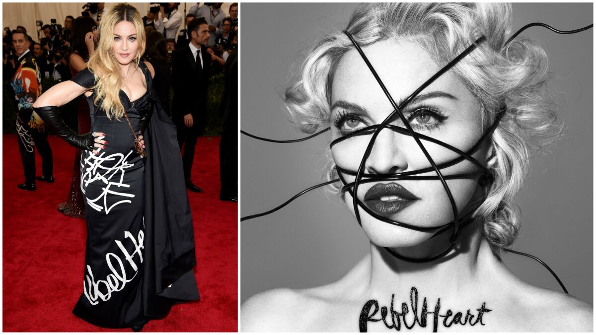 At left, Madonna in a Jeremy Scott for Moschino gown at the 2015 Met Gala on May 4, 2015. Scott is among the designers collaborating with the singer on costumes for her upcoming tour in support of the Rebel Heart album, right.