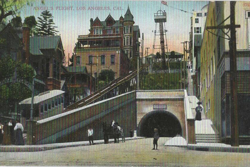 A street level view of Angels Flight shows the Third Street tunnel and the Crocker Mansion
