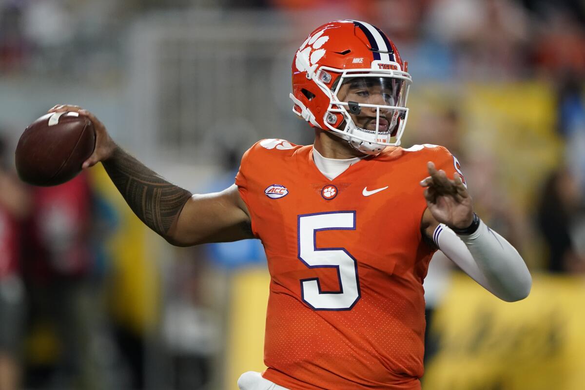 Clemson quarterback D.J. Uiagalelei throws a pass against Georgia on Saturday.